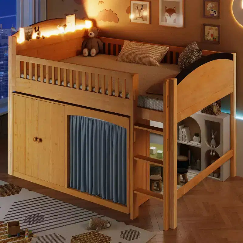 Lit mezzanine simple avec armoire de rangement, penderie et étagères ouvertes - Pin massif, 180 kg