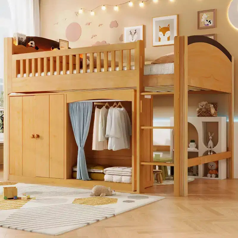 Lit mezzanine simple avec armoire de rangement, penderie et étagères ouvertes - Pin massif, 180 kg