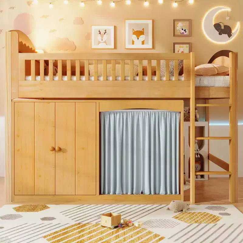 Lit mezzanine simple avec armoire de rangement, penderie et étagères ouvertes - Pin massif, 180 kg