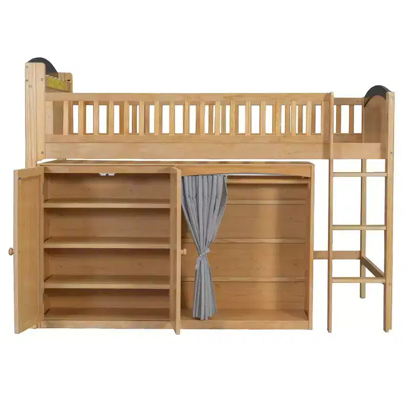 Lit mezzanine simple avec armoire de rangement, penderie et étagères ouvertes - Pin massif, 180 kg