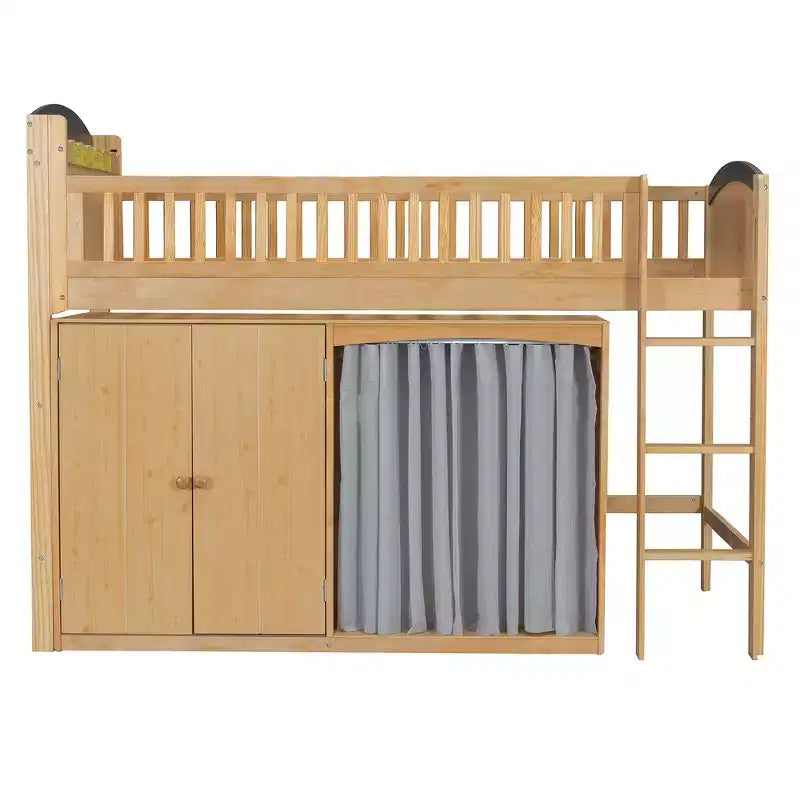 Lit mezzanine simple avec armoire de rangement, penderie et étagères ouvertes - Pin massif, 180 kg