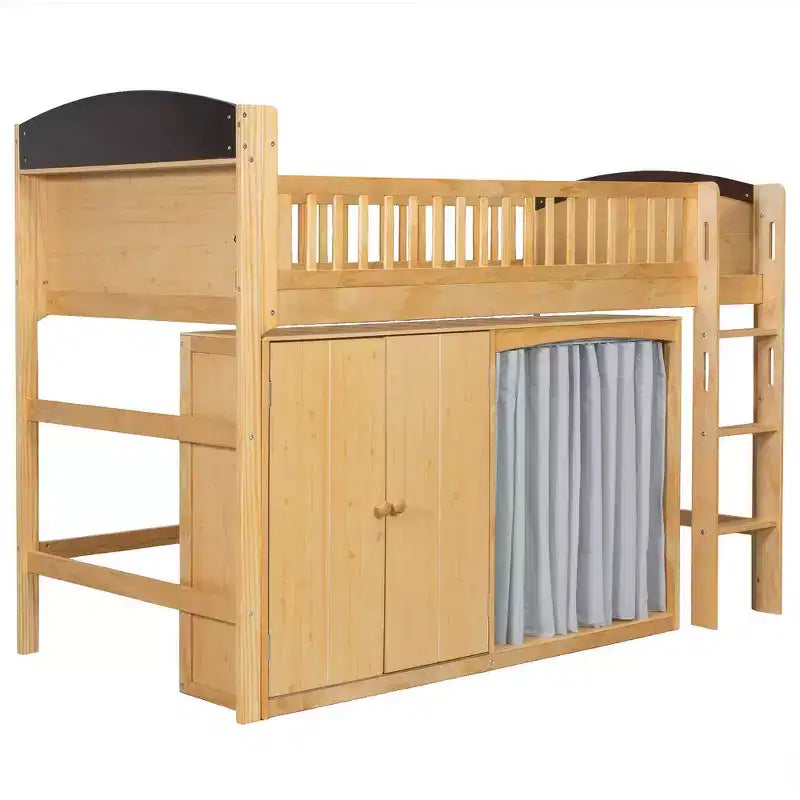 Lit mezzanine simple avec armoire de rangement, penderie et étagères ouvertes - Pin massif, 180 kg