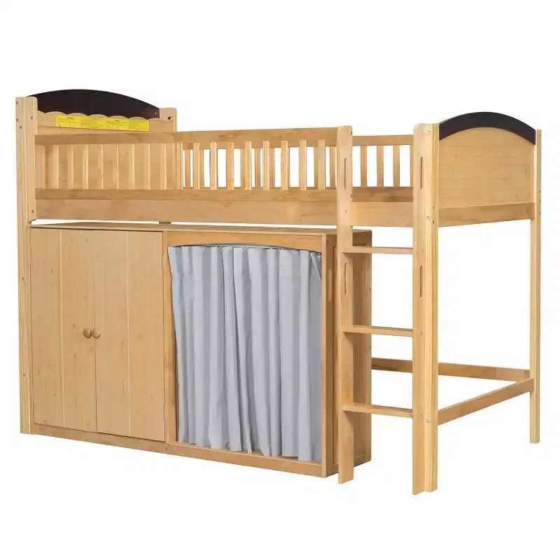 Lit mezzanine simple avec armoire de rangement, penderie et étagères ouvertes - Pin massif, 180 kg