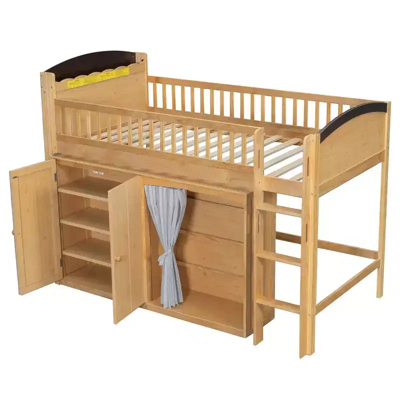 Lit mezzanine simple avec armoire de rangement, penderie et étagères ouvertes - Pin massif, 180 kg