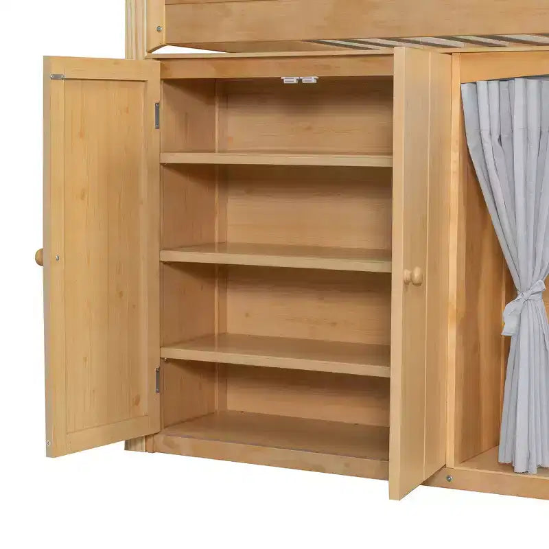Lit mezzanine simple avec armoire de rangement, penderie et étagères ouvertes - Pin massif, 180 kg