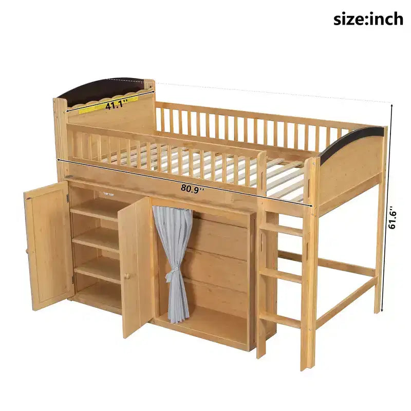 Lit mezzanine simple avec armoire de rangement, penderie et étagères ouvertes - Pin massif, 180 kg