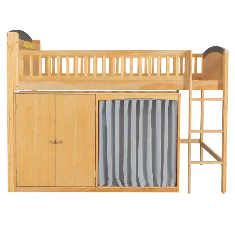 Lit mezzanine simple avec armoire de rangement, penderie et étagères ouvertes - Pin massif, 180 kg
