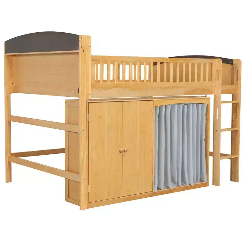 Lit mezzanine simple avec armoire de rangement, penderie et étagères ouvertes - Pin massif, 180 kg