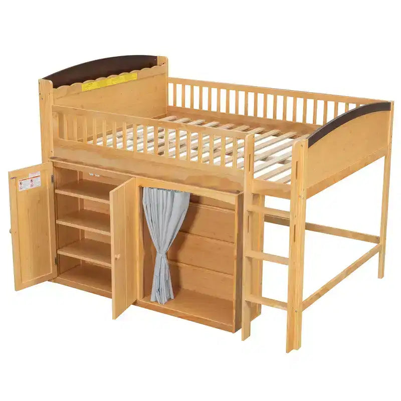Lit mezzanine simple avec armoire de rangement, penderie et étagères ouvertes - Pin massif, 180 kg