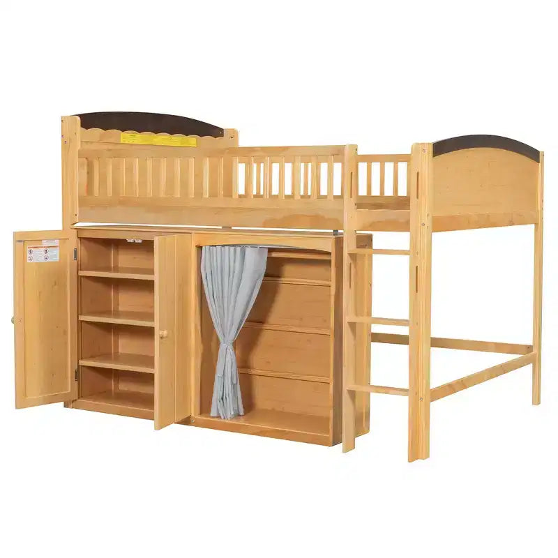 Lit mezzanine simple avec armoire de rangement, penderie et étagères ouvertes - Pin massif, 180 kg