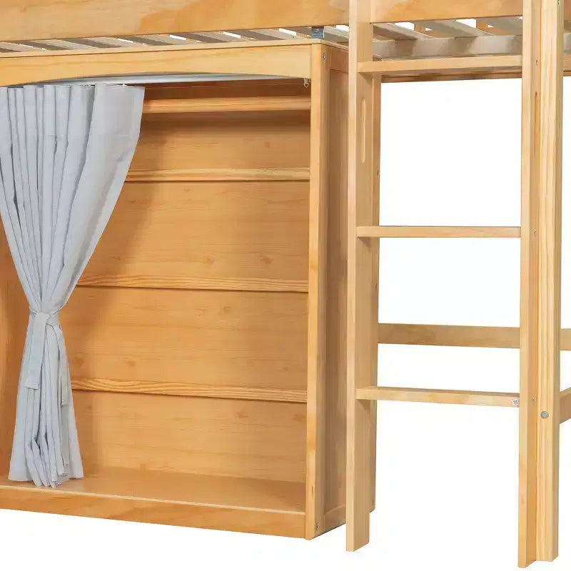 Lit mezzanine simple avec armoire de rangement, penderie et étagères ouvertes - Pin massif, 180 kg