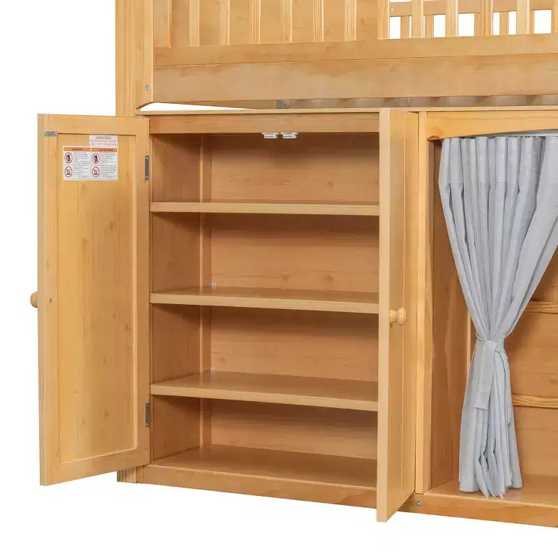 Lit mezzanine simple avec armoire de rangement, penderie et étagères ouvertes - Pin massif, 180 kg