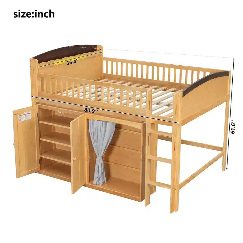 Lit mezzanine simple avec armoire de rangement, penderie et étagères ouvertes - Pin massif, 180 kg