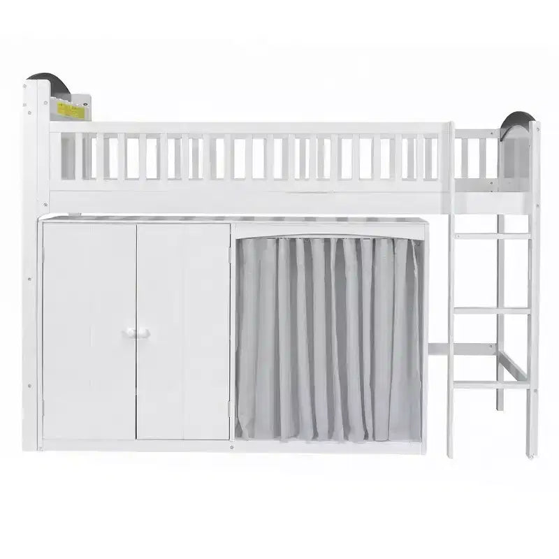 Lit mezzanine simple avec armoire de rangement, penderie et étagères ouvertes - Pin massif, 180 kg