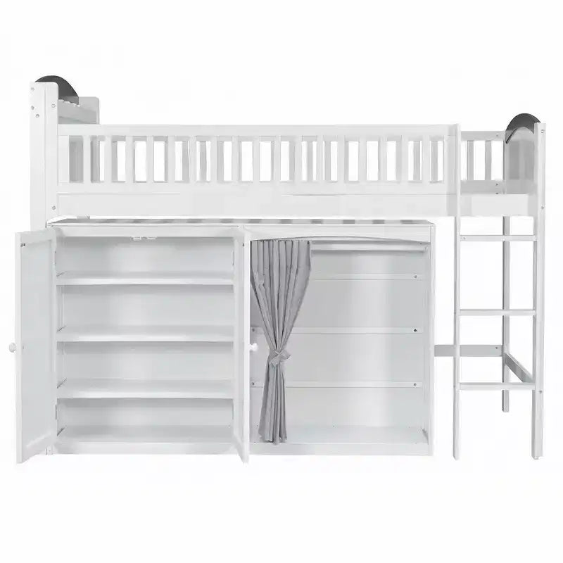 Lit mezzanine simple avec armoire de rangement, penderie et étagères ouvertes - Pin massif, 180 kg