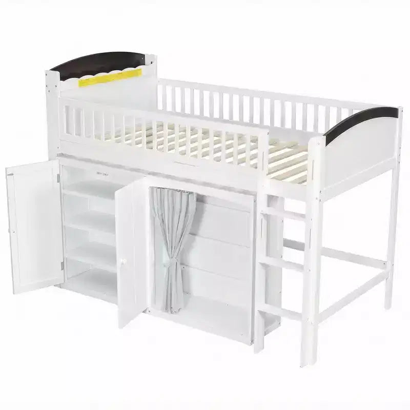 Lit mezzanine simple avec armoire de rangement, penderie et étagères ouvertes - Pin massif, 180 kg