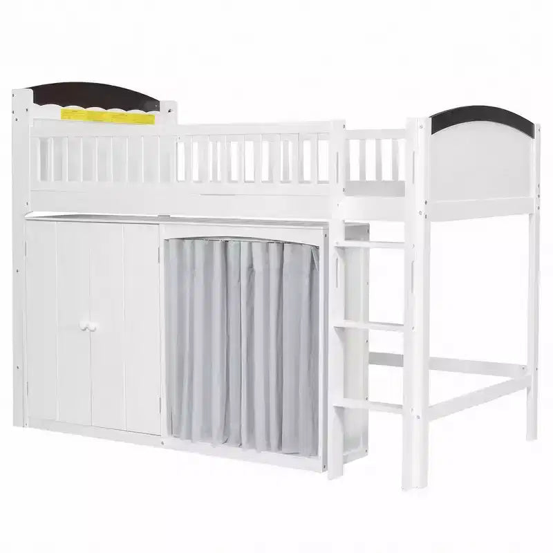 Lit mezzanine simple avec armoire de rangement, penderie et étagères ouvertes - Pin massif, 180 kg