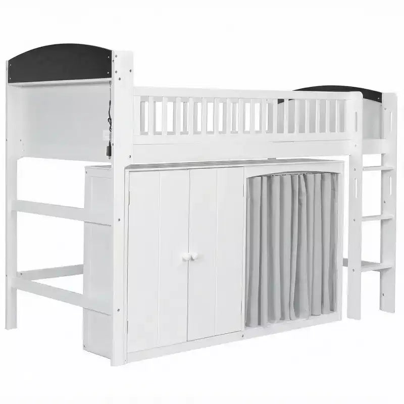 Lit mezzanine simple avec armoire de rangement, penderie et étagères ouvertes - Pin massif, 180 kg