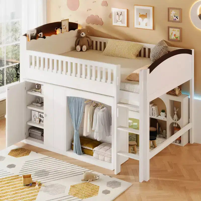 Lit mezzanine simple avec armoire de rangement, penderie et étagères ouvertes - Pin massif, 180 kg