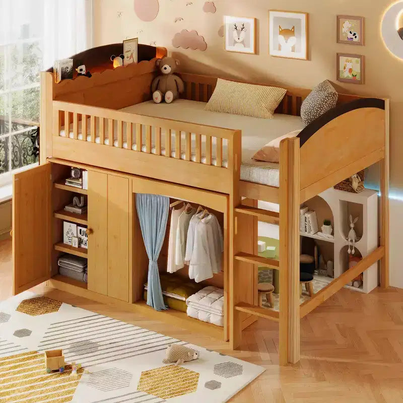 Lit mezzanine simple avec armoire de rangement, penderie et étagères ouvertes - Pin massif, 180 kg