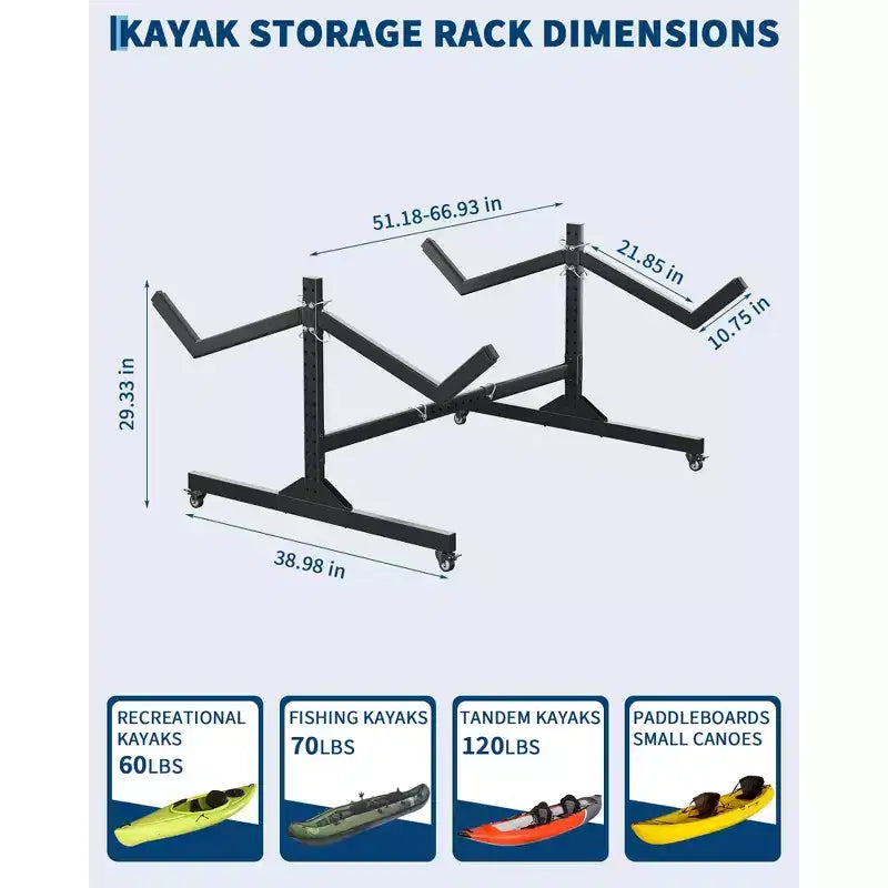 COZONY 2 porte-kayaks sur roulettes, support de kayak autoportant en acier avec largeur réglable et sangles de suspension