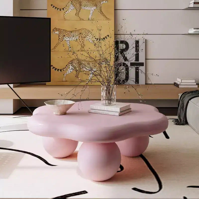 Table basse en forme de nuage de 35 po avec pieds sphériques – MDF rose, capacité de 200 lb