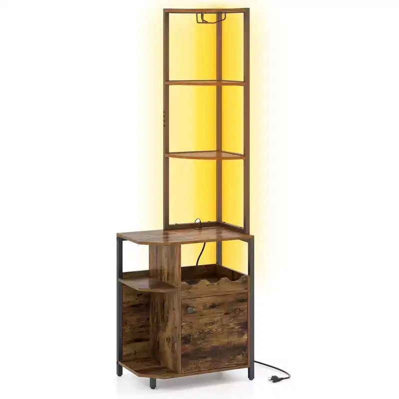 Meuble d'angle de bar avec lumières LED RVB, station de chargement et porte-bouteilles – 156 cm, marron rustique