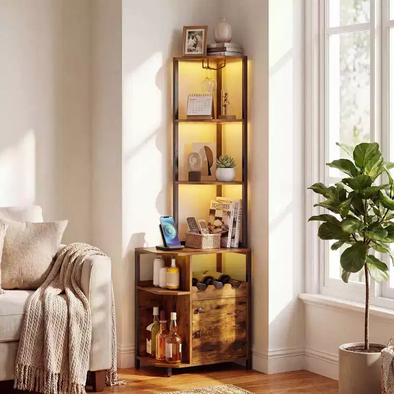 Meuble d'angle de bar avec lumières LED RVB, station de chargement et porte-bouteilles – 156 cm, marron rustique