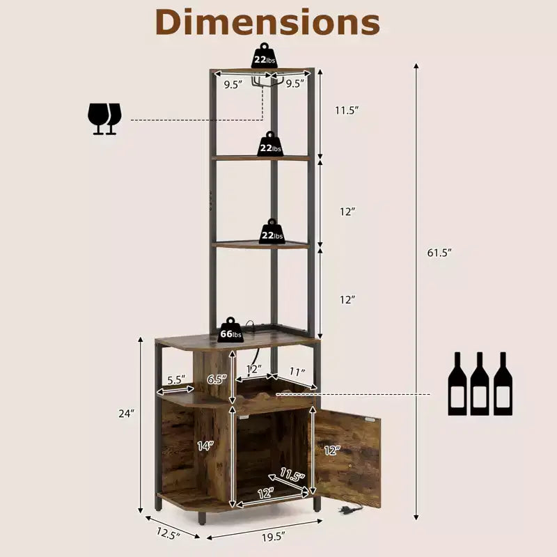 Meuble d'angle de bar avec lumières LED RVB, station de chargement et porte-bouteilles – 156 cm, marron rustique