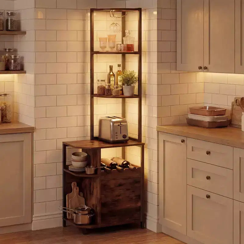 Meuble d'angle de bar avec lumières LED RVB, station de chargement et porte-bouteilles – 156 cm, marron rustique