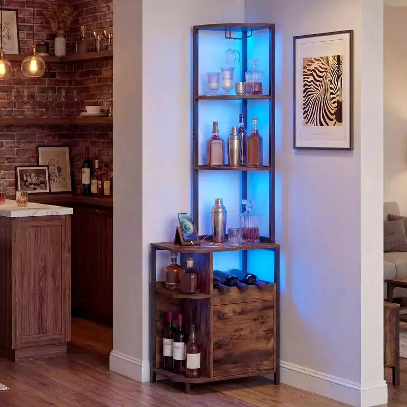 Meuble d'angle de bar avec lumières LED RVB, station de chargement et porte-bouteilles – 156 cm, marron rustique