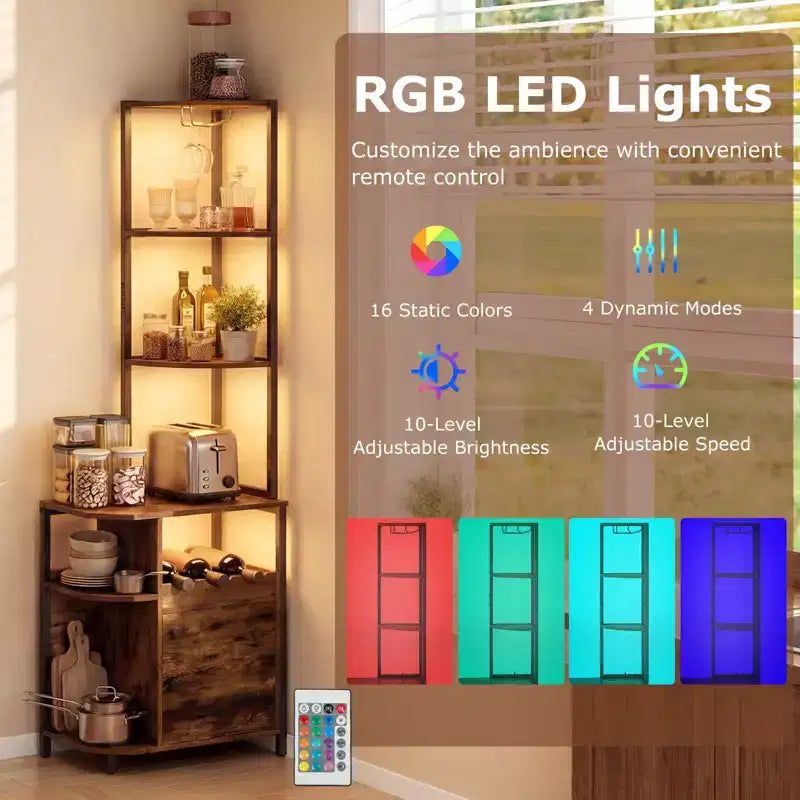 Meuble d'angle de bar avec lumières LED RVB, station de chargement et porte-bouteilles – 156 cm, marron rustique