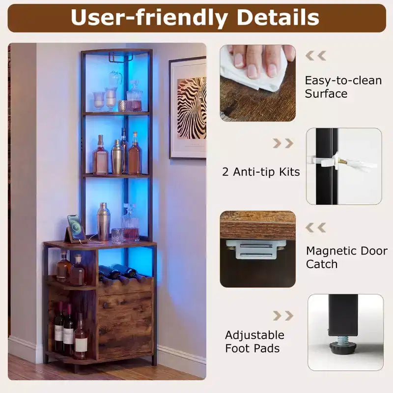 Meuble d'angle de bar avec lumières LED RVB, station de chargement et porte-bouteilles – 156 cm, marron rustique