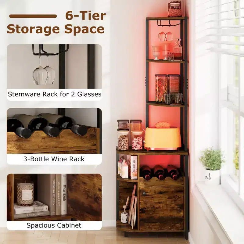 Meuble d'angle de bar avec lumières LED RVB, station de chargement et porte-bouteilles – 156 cm, marron rustique
