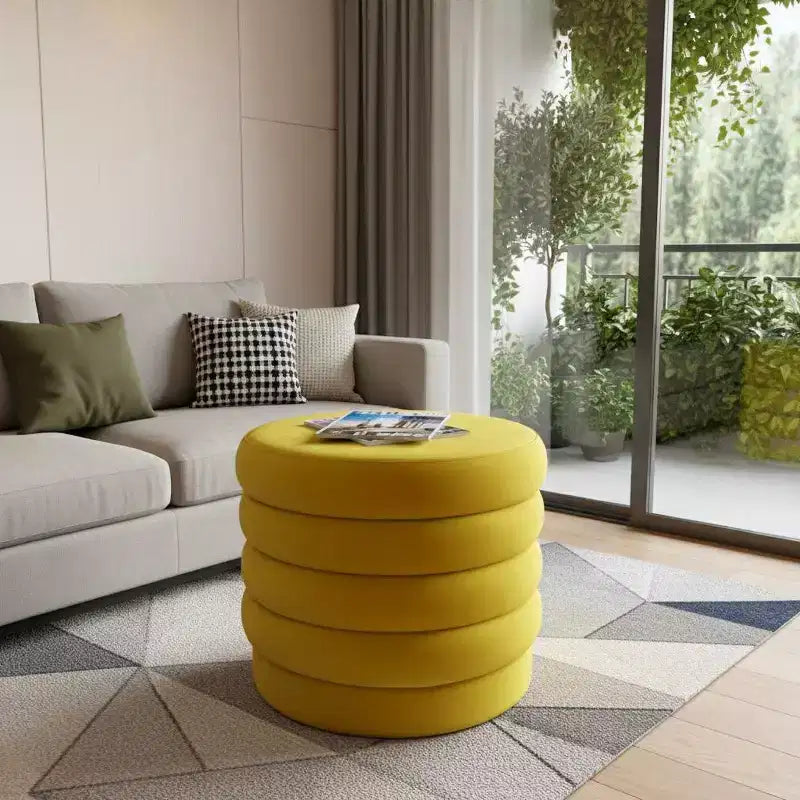 Pouf de cocktail rond 21" en velours capitonné - Jaune, aucun assemblage requis