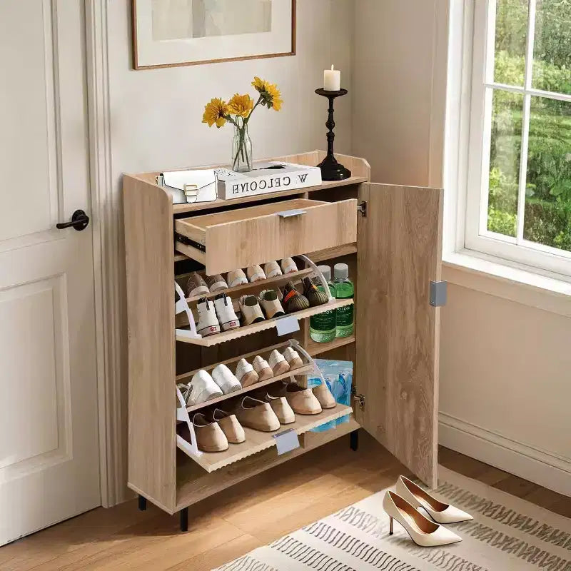Meuble à chaussures avec motifs ondulés étroits, double tiroir et pieds métalliques – Chêne