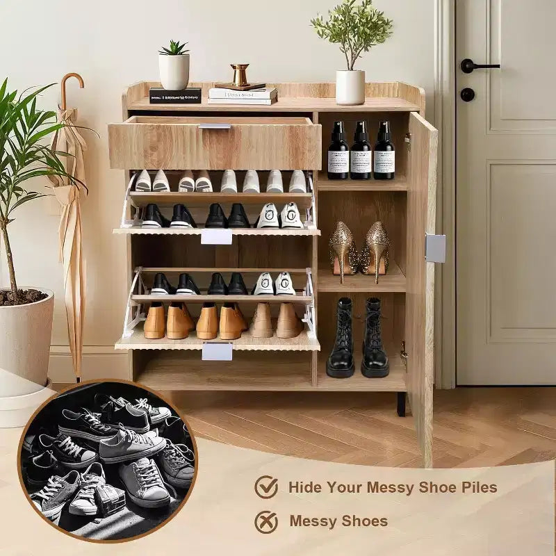 Meuble à chaussures avec motifs ondulés étroits, double tiroir et pieds métalliques – Chêne