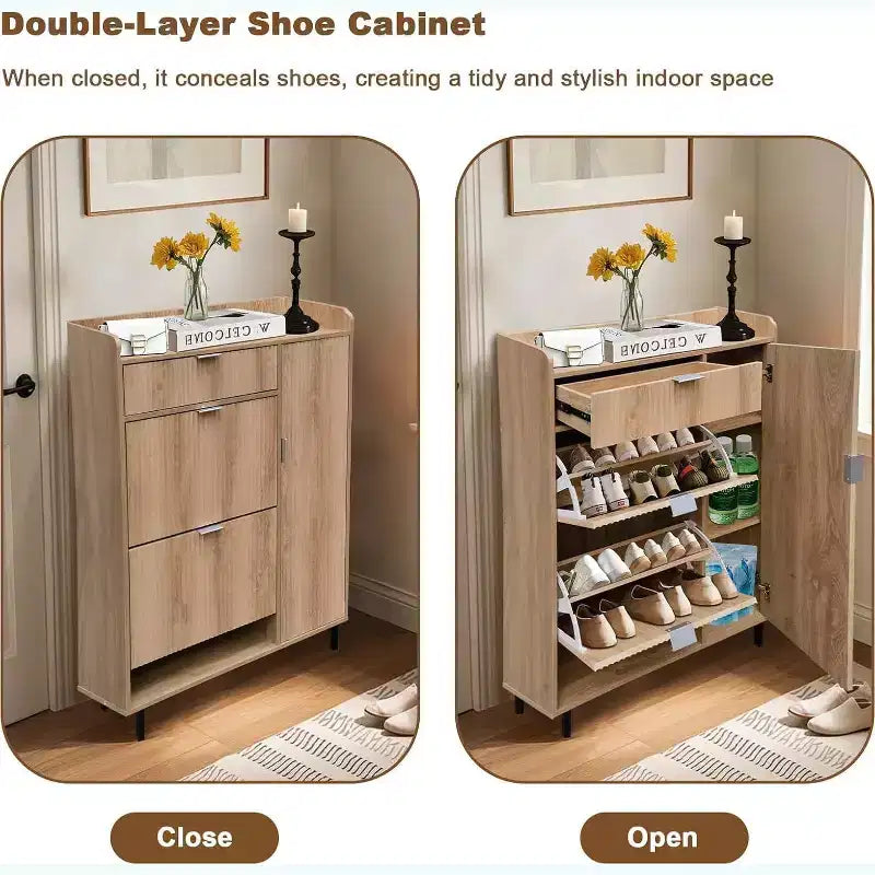 Meuble à chaussures avec motifs ondulés étroits, double tiroir et pieds métalliques – Chêne