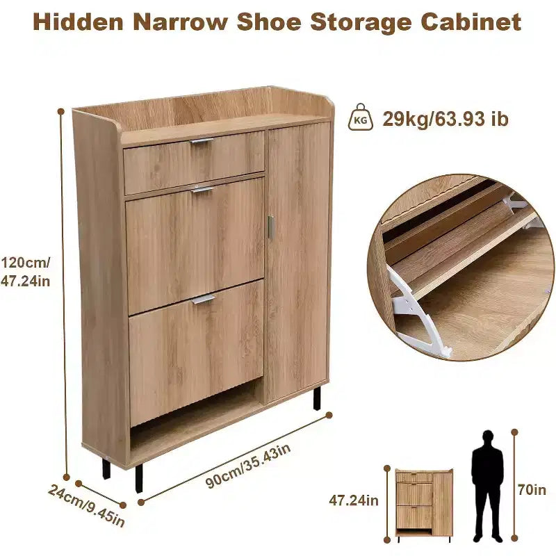 Meuble à chaussures avec motifs ondulés étroits, double tiroir et pieds métalliques – Chêne