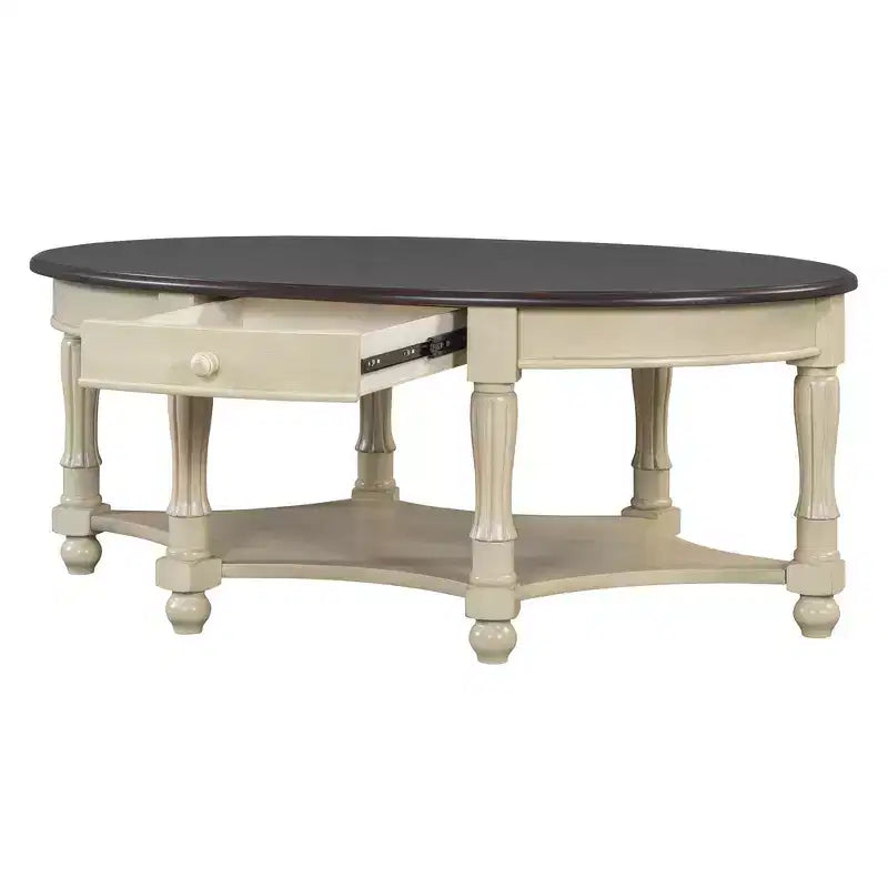 Table basse ovale de style campagnard avec tiroir et étagère inférieure - Marron vieilli, 114 cm