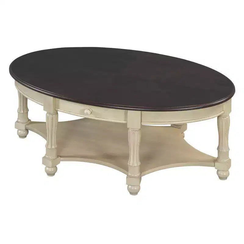Table basse ovale de style campagnard avec tiroir et étagère inférieure - Marron vieilli, 114 cm