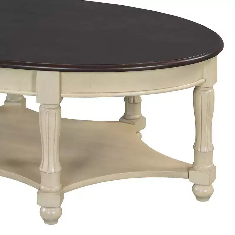 Table basse ovale de style campagnard avec tiroir et étagère inférieure - Marron vieilli, 114 cm