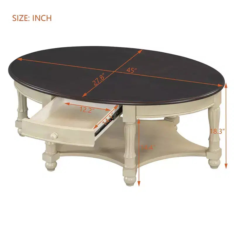 Table basse ovale de style campagnard avec tiroir et étagère inférieure - Marron vieilli, 114 cm
