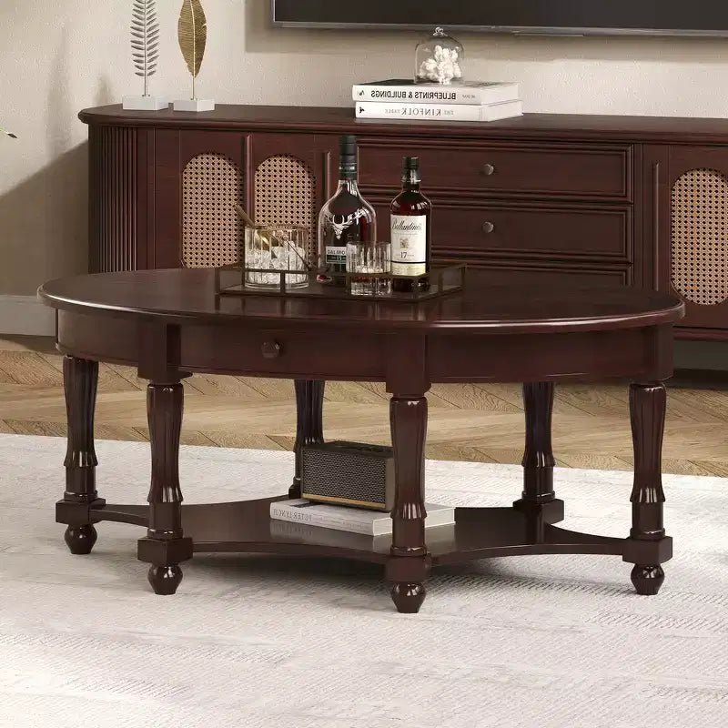 Table basse ovale de style campagnard avec tiroir et étagère inférieure - Marron vieilli, 114 cm