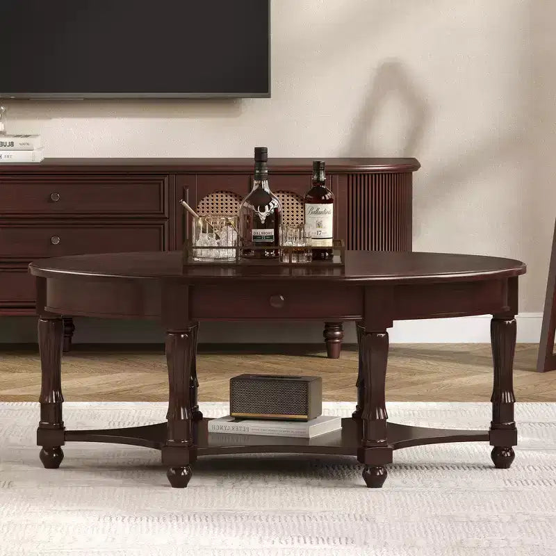 Table basse ovale de style campagnard avec tiroir et étagère inférieure - Marron vieilli, 114 cm