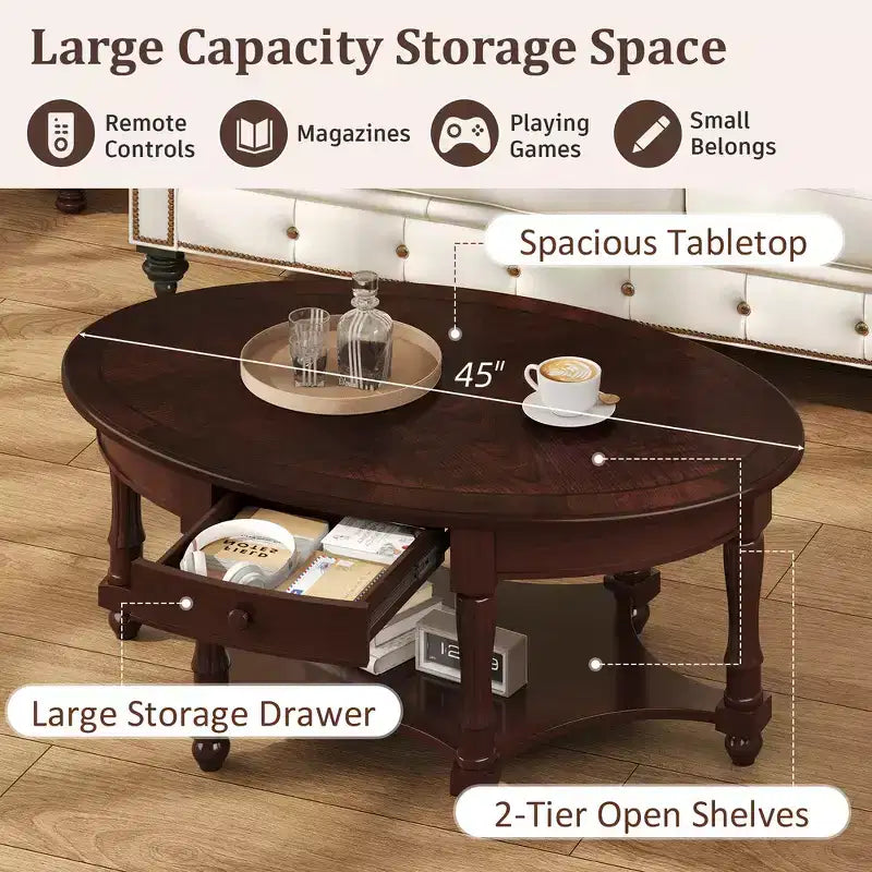Table basse ovale de style campagnard avec tiroir et étagère inférieure - Marron vieilli, 114 cm