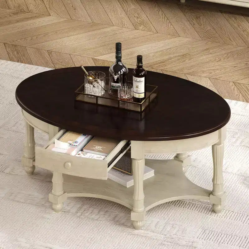Table basse ovale de style campagnard avec tiroir et étagère inférieure - Marron vieilli, 114 cm