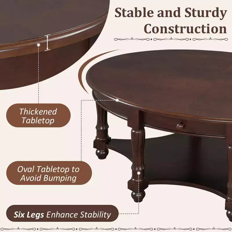 Table basse ovale de style campagnard avec tiroir et étagère inférieure - Marron vieilli, 114 cm