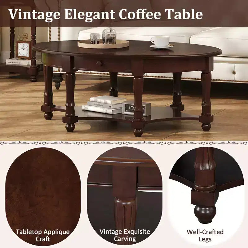 Table basse ovale de style campagnard avec tiroir et étagère inférieure - Marron vieilli, 114 cm