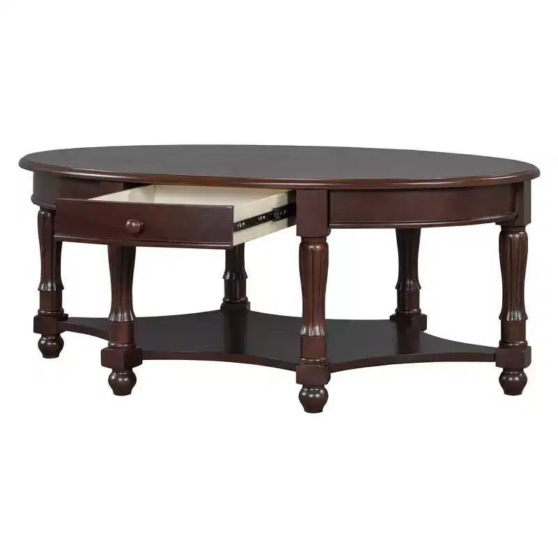 Table basse ovale de style campagnard avec tiroir et étagère inférieure - Marron vieilli, 114 cm